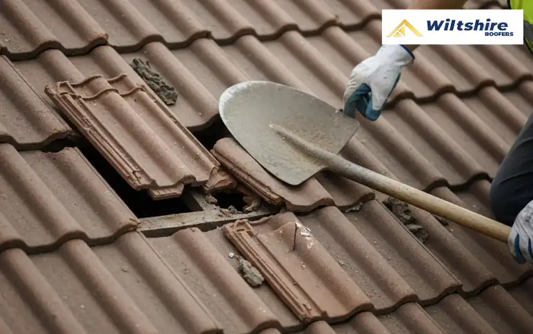 Accidental roof damage in the UK caused by a heavy object hitting tiles, covered by home insurance.