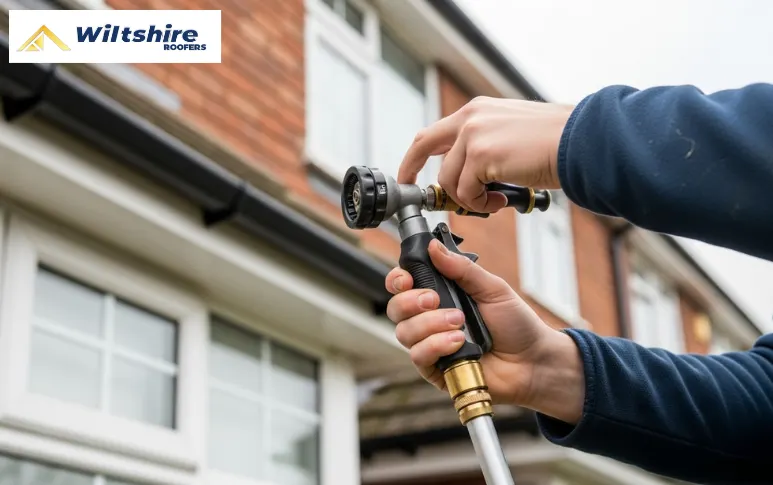 Close-up of a person attaching a telescopic gutter-cleaning tool before gutter cleaning.