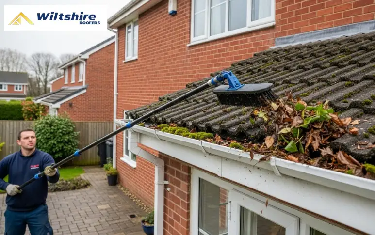 Ground-level gutter cleaning using a telescopic pole to clear leaves and moss.