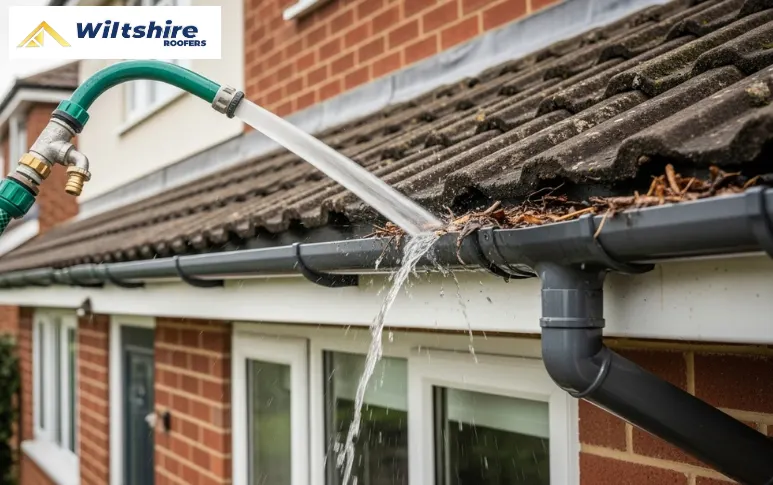 Using a hose attachment to flush water through the gutter after removing debris.