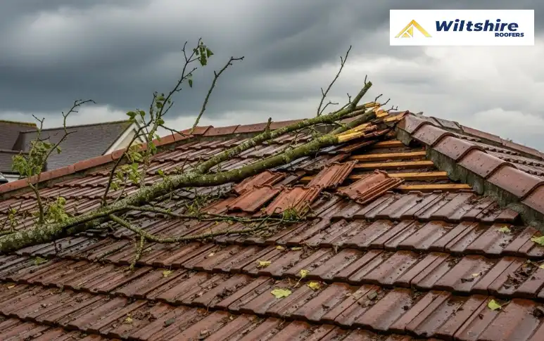 Roof damage from storm in the UK with broken tiles and fallen tree, showing insurance repair coverage.