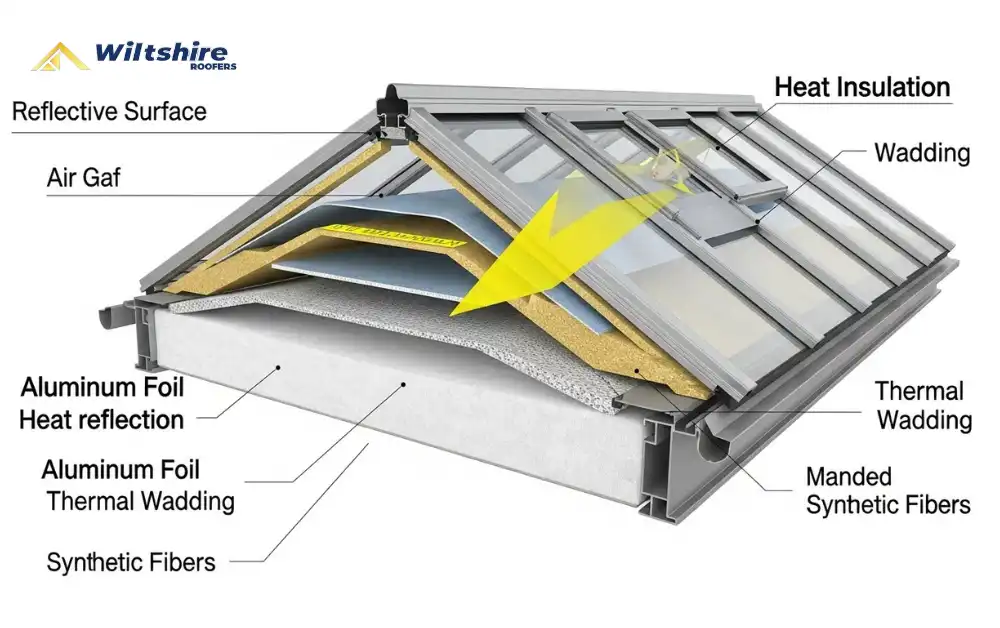 Aluminium foil and thermal wadding in conservatory roof reflecting heat in summer and retaining warmth in winter.