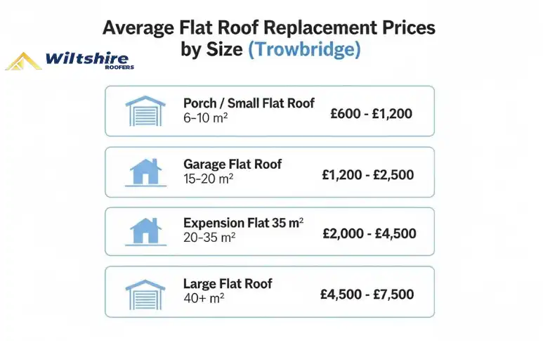 Average flat roof replacement prices by size in Trowbridge, including porch, garage, extension, and large flat roofs.