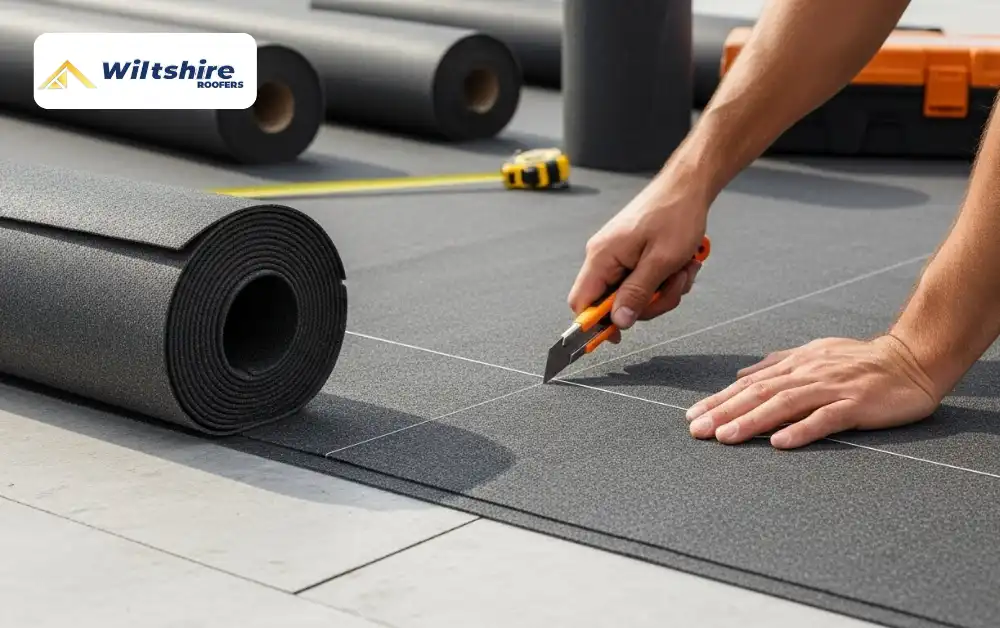 Cutting roofing felt into sections for felting a flat roof with proper overlap