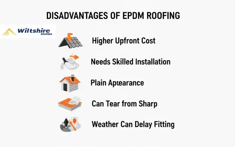 Disadvantages of EPDM roofing including higher upfront cost, plain appearance, and need for skilled installation.