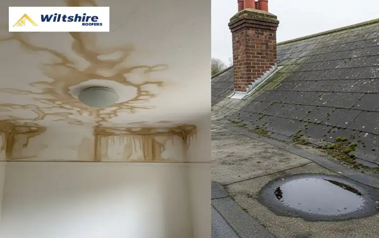 Early warning signs of flat roof problems in Trowbridge such as ceiling damp patches and surface cracks.