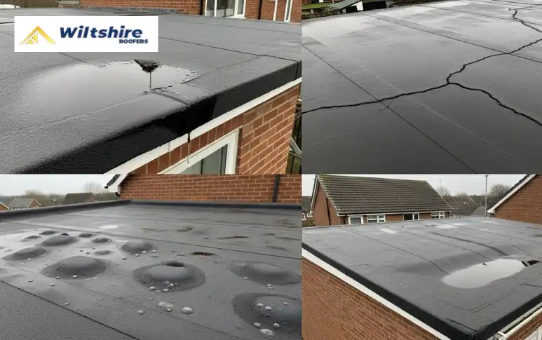 Flat roof problems in Trowbridge homes including leaks, cracks, blistering, and sagging roof areas.