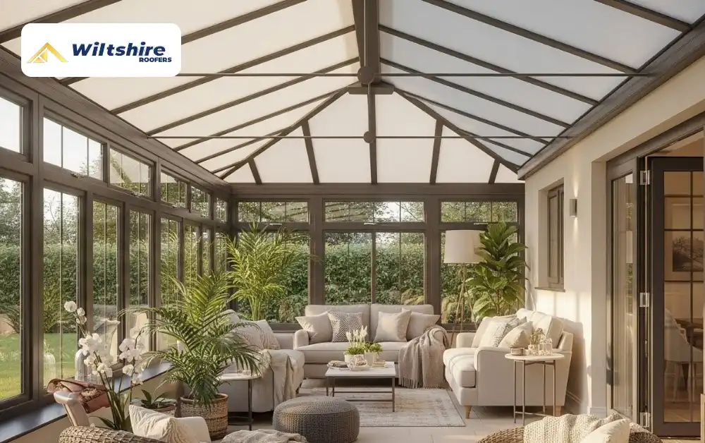 Insulated conservatory roof panels keeping space warm in winter and cool in summer, bright UK home interior.