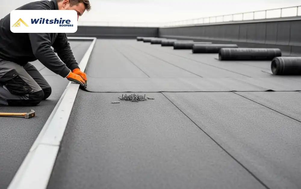 Laying the first layer of felt flat roof evenly along the roof surface