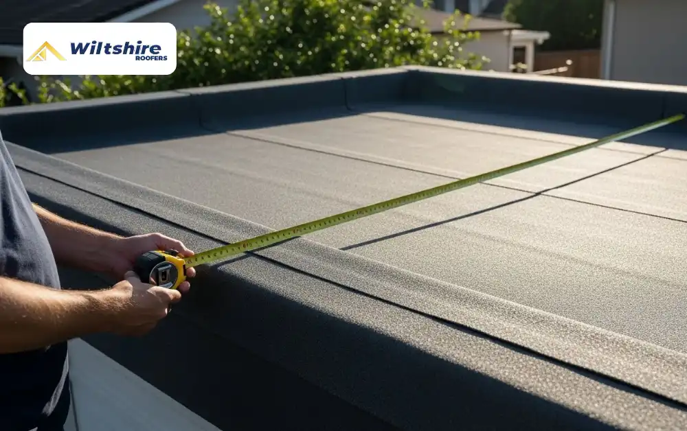 Measuring the length and width of a flat roof before installing felt flat roofing