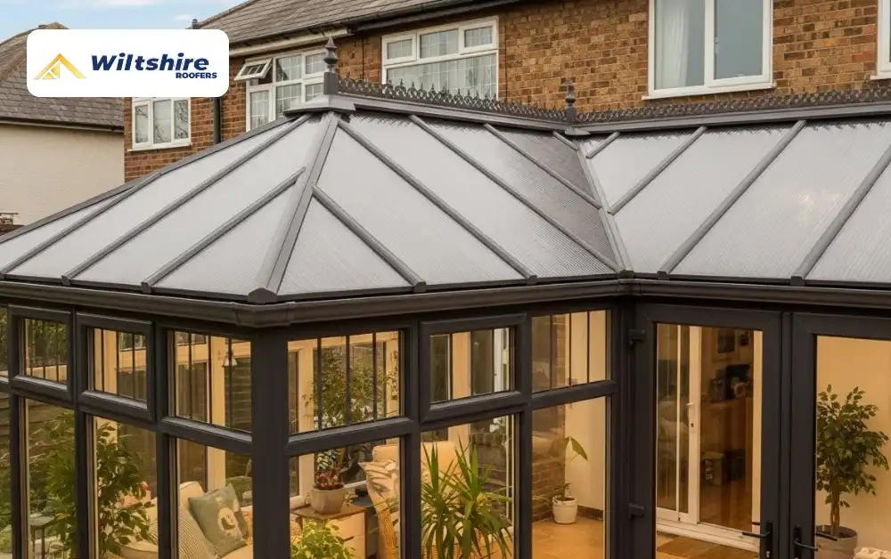Polycarbonate conservatory roof upgrade improving insulation, keeping interior warm in winter and cool in summer.