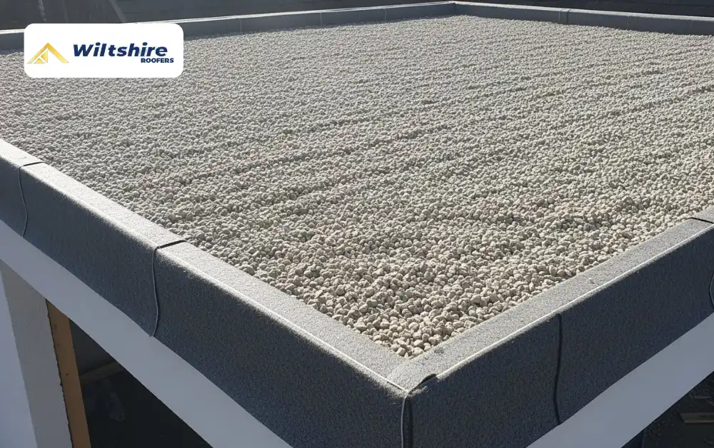 Protective gravel and fibre trims added to felt flat roofing for durability
