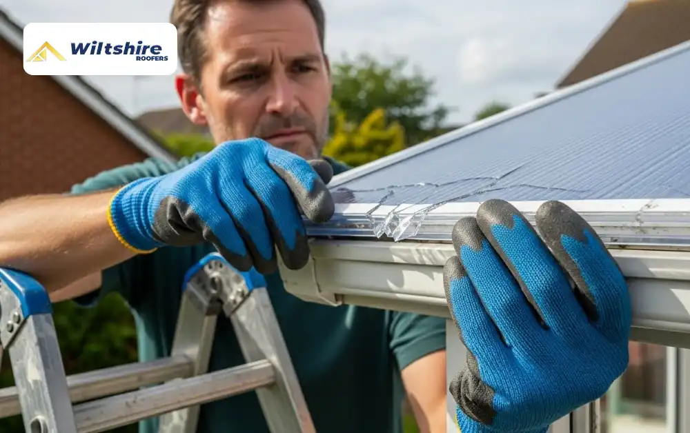 Removing damaged conservatory roof panel to repair leaking roof
