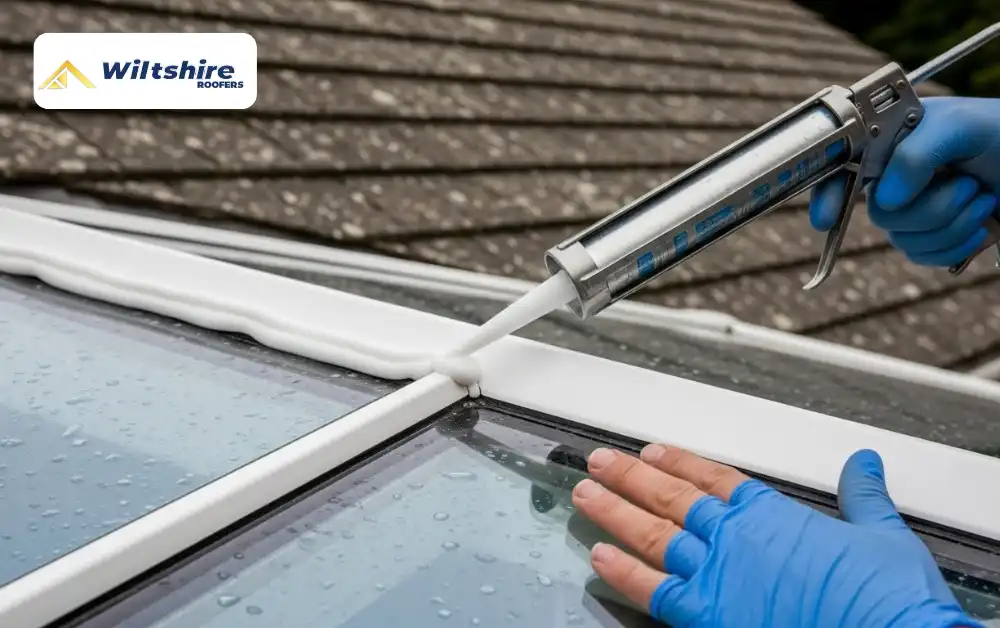 Sealing top edge of conservatory roof with silicone to fix leaking roof panels