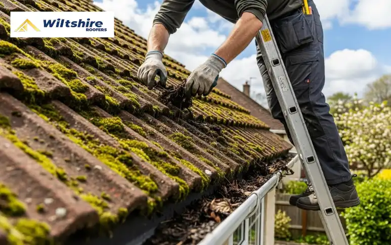 Spring roof maintenance in Trowbridge showing gutter cleaning and moss on roof tiles after winter.