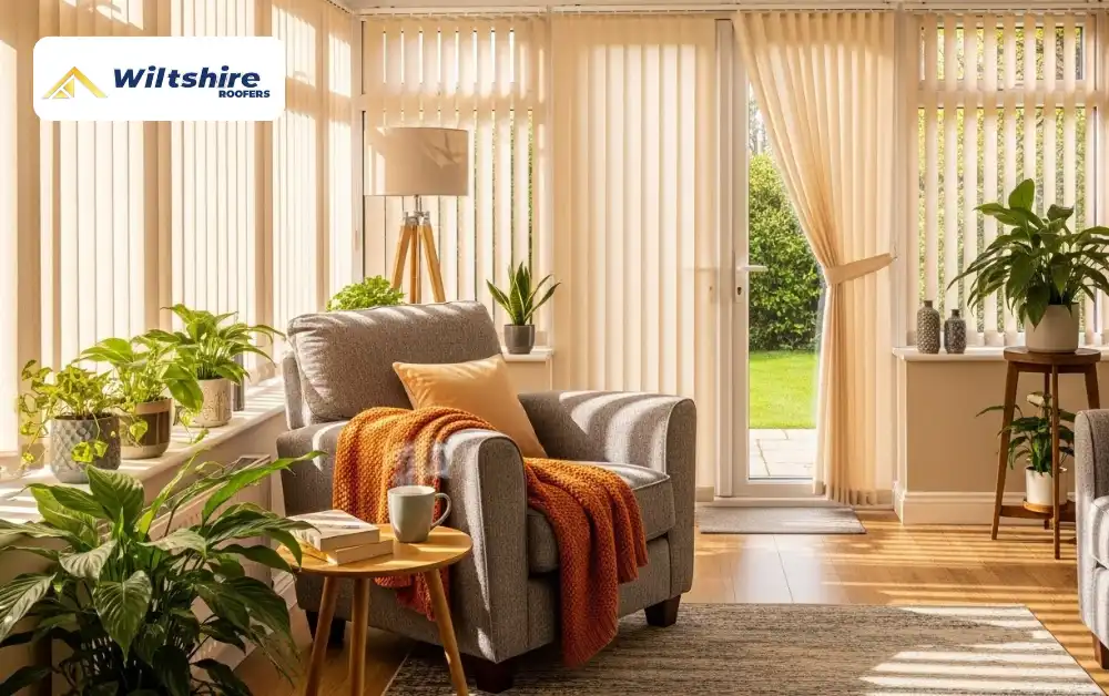 Thermal curtains and blinds in conservatory regulating temperature, keeping the space warm in winter and cool in summer.