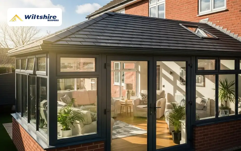 Tiled conservatory roof providing excellent insulation and stylish appearance, keeping UK home interior warm and comfortable.
