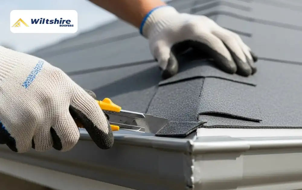 Trimming and finishing roofing felt edges on a flat felt roof