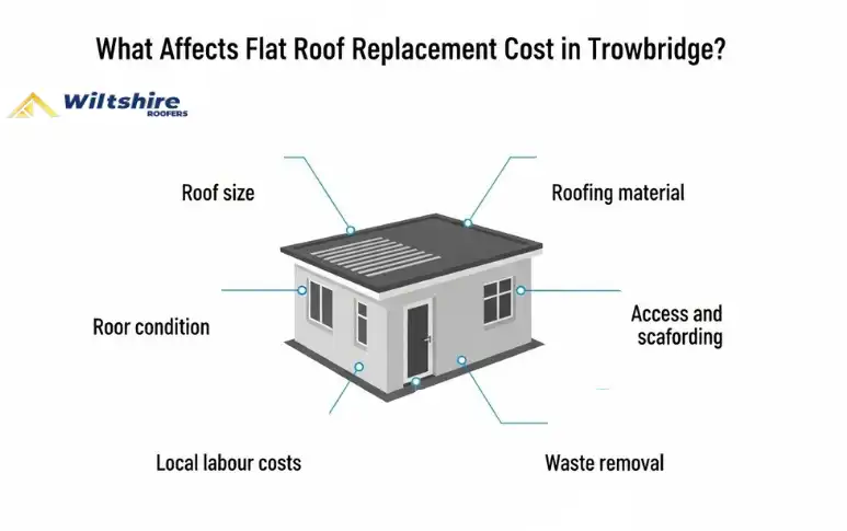 Key factors that affect flat roof replacement cost in Trowbridge, including roof size, material, access, and labour.