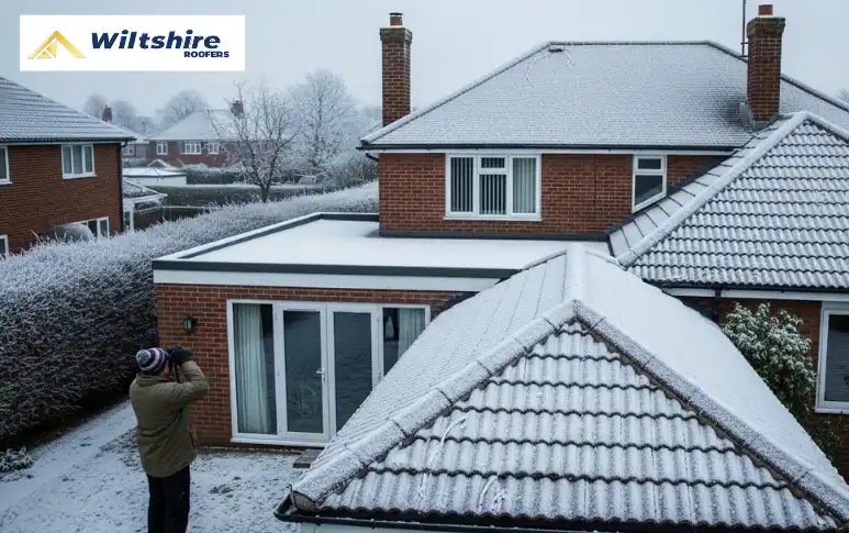 Winter roof maintenance in Trowbridge showing snow and ice on flat and tiled roofs.