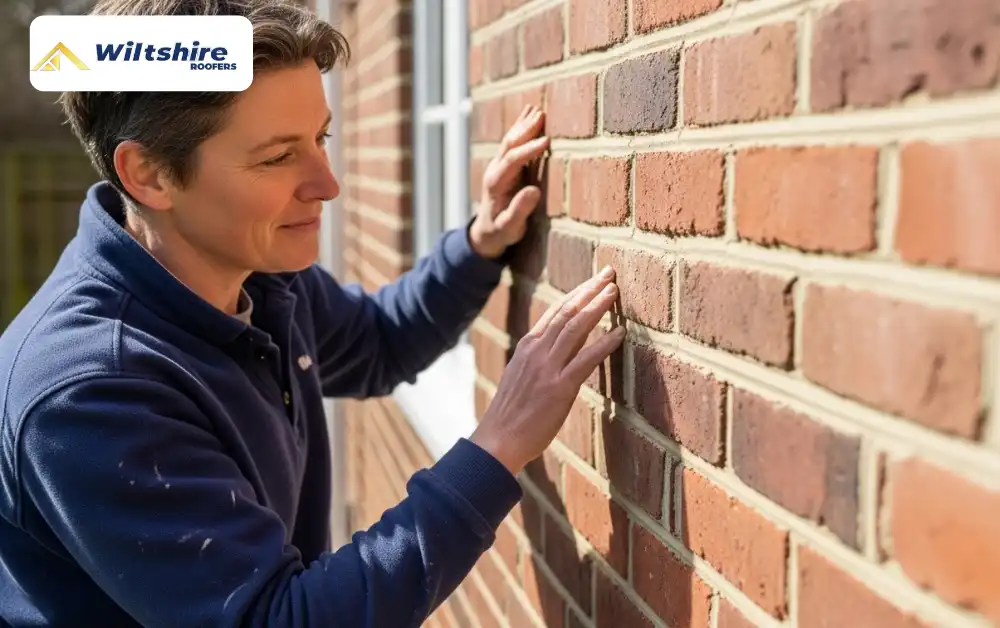 Inspecting finished repointed brick wall.