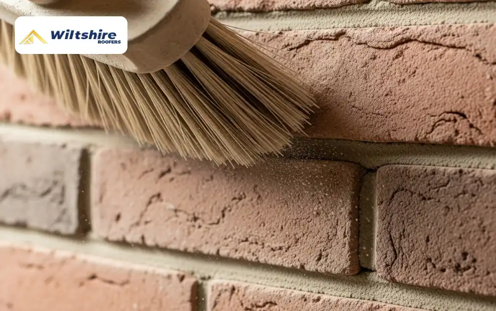 Cleaning dust from brick edges before repointing.