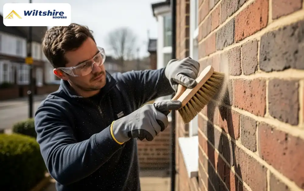 Homeowner cleaning a brick wall before repointing.