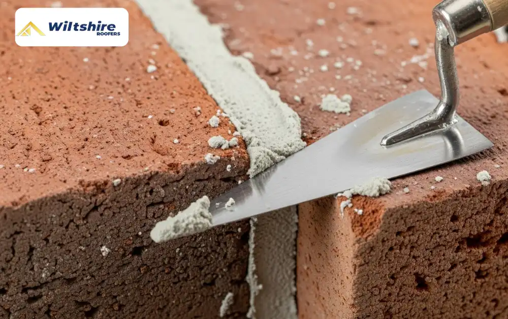 Filling vertical brick joints with fresh mortar.