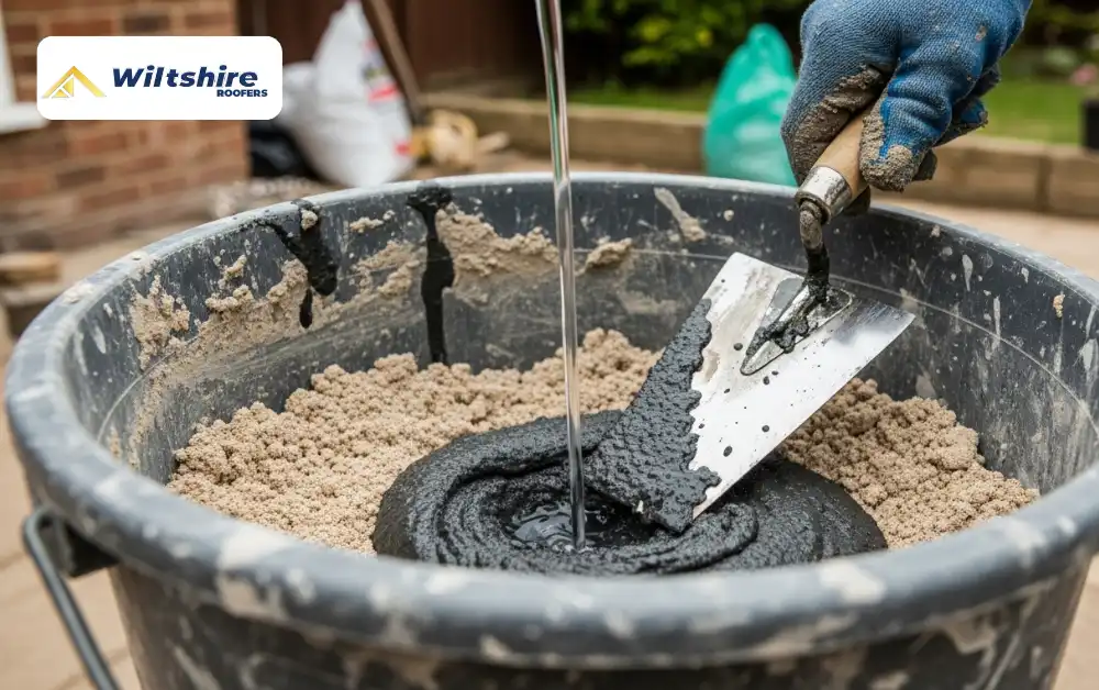 Mixing mortar in a bucket for repointing bricks.