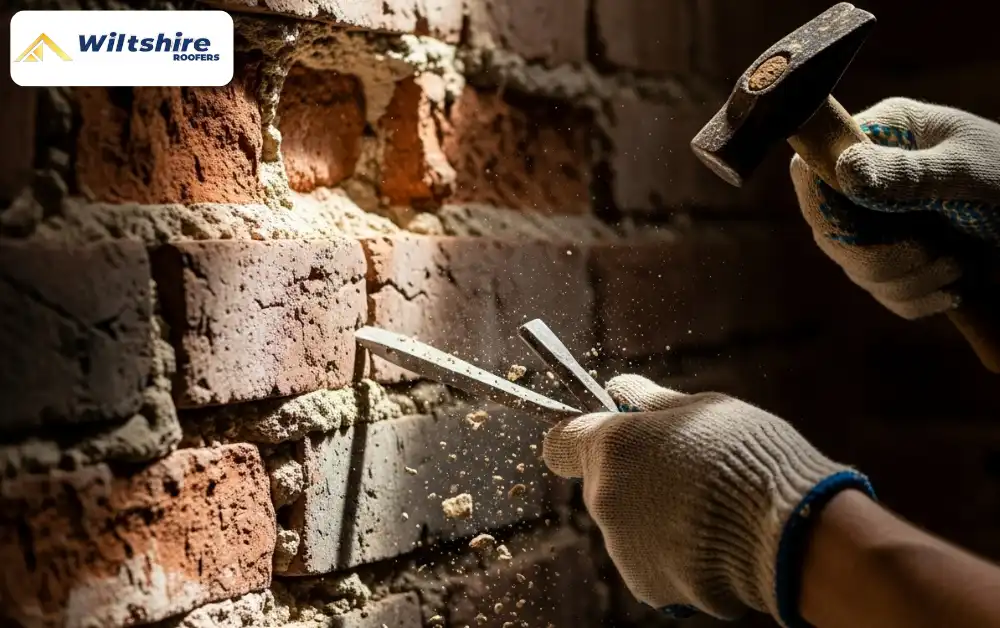 Removing old mortar from brick joints with chisel and hammer.