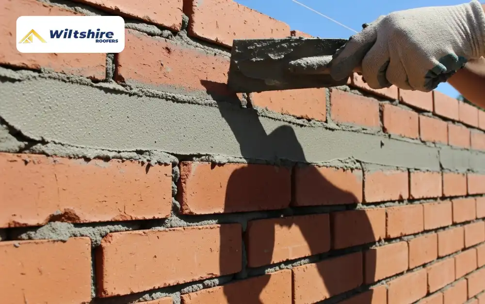 Applying mortar to the top section of a brick wall.