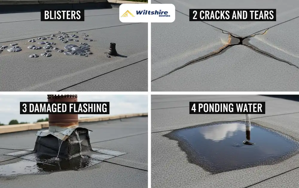 Infographic showing flat roof leak causes: blisters, cracks, damaged flashing, and ponding water.