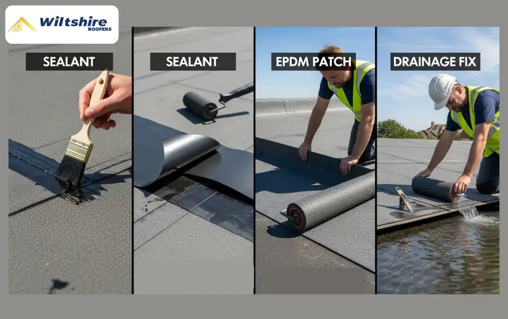 Infographic showing flat roof leak solutions: sealant, EPDM patch, felt overlay, and drainage fix.