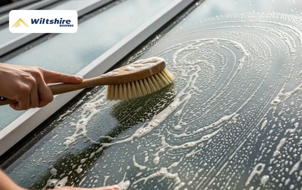 Gently scrubbing a conservatory roof to remove dirt and grime without damage.