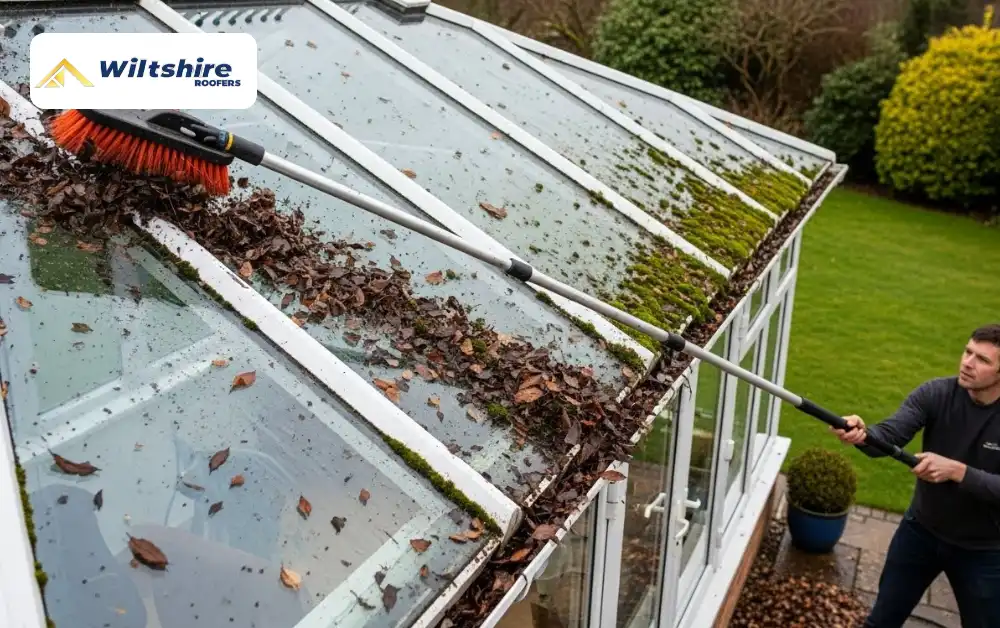 Removing loose dirt, moss, and leaves from a conservatory roof using an extendable brush.