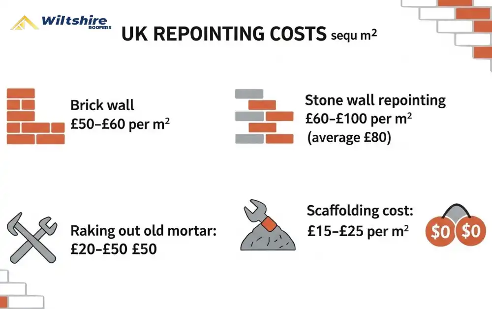 UK repointing cost per square metre for brick walls, stone walls, raking out mortar, and scaffolding