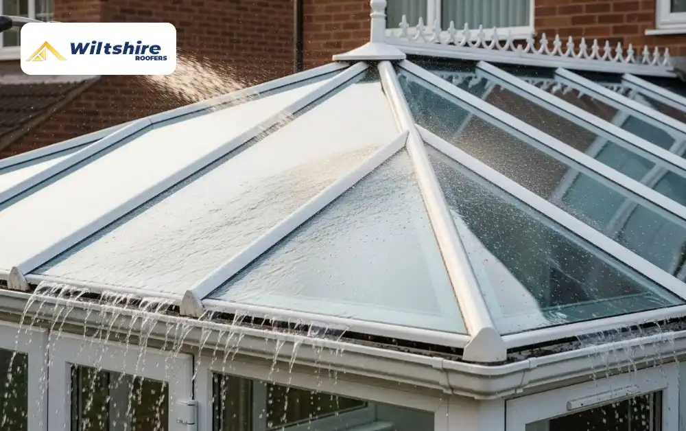 Rinsing a conservatory roof clean with water after cleaning.
