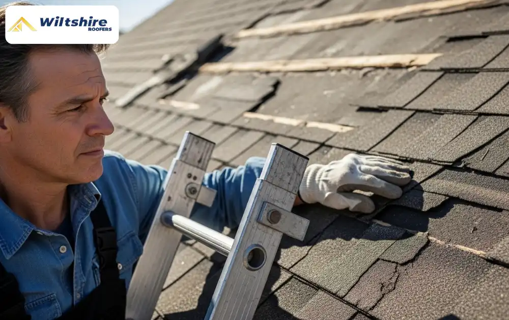 Inspecting damaged roof shingles for cracks, curling, and missing pieces before repair.