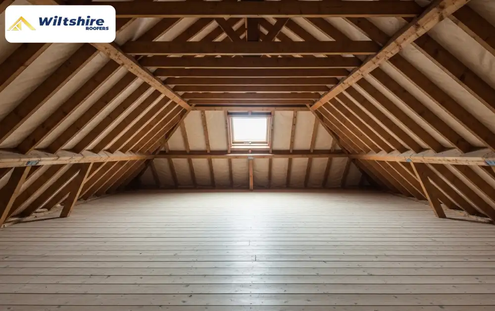 Empty loft space with exposed rafters prepared for pitched roof insulation.