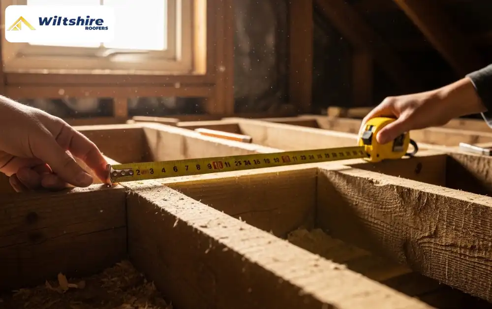 Measuring depth and spacing of roof rafters in a loft.