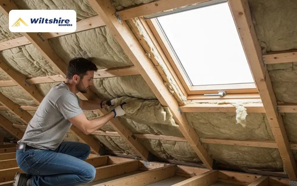 Mineral wool insulation installed between roof rafters in a loft.