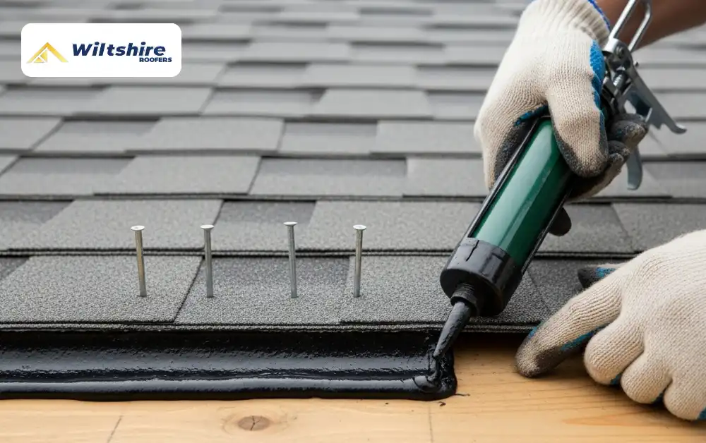 Sealing and securing a repaired asphalt shingle on roof with roofing cement.