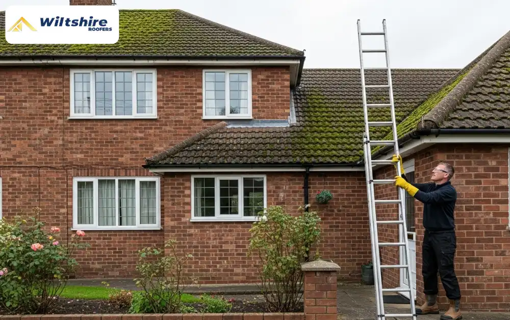 Homeowner preparing safely before cleaning moss off roof with ladder and protective gear