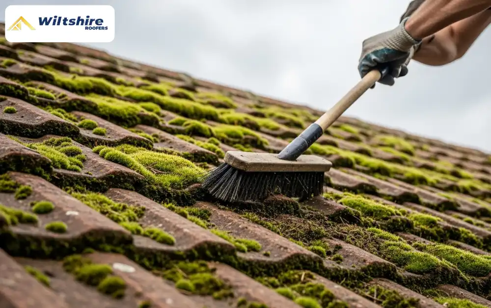 Removing moss from roof tiles using a stiff brush safely