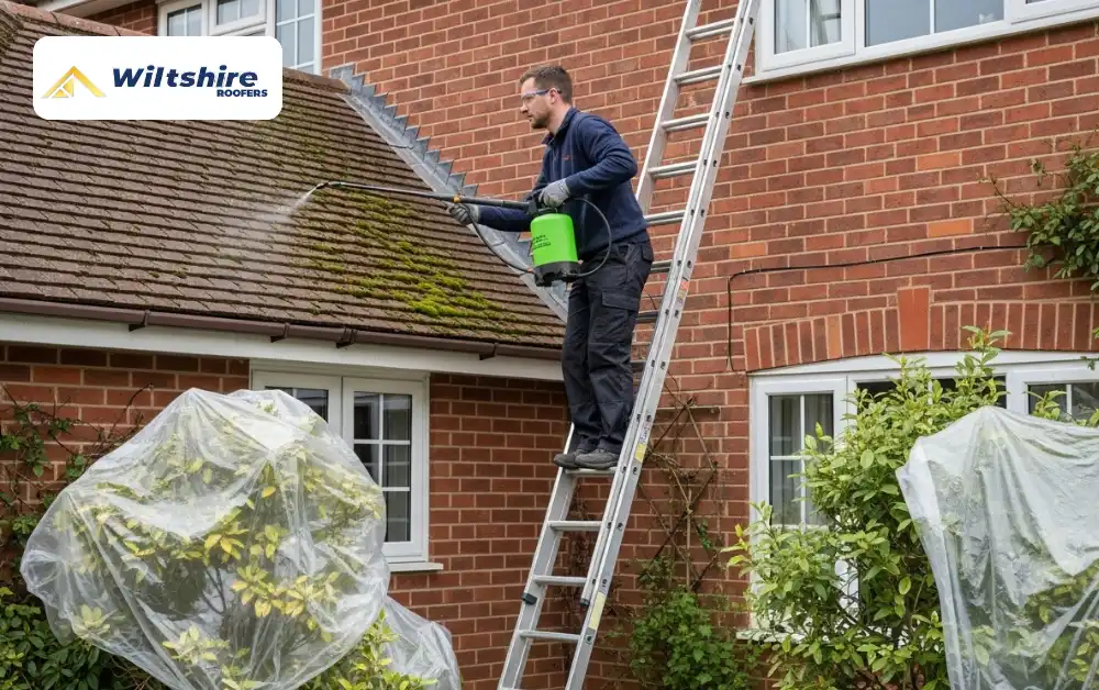 Applying moss killer to eliminate moss on roof tiles