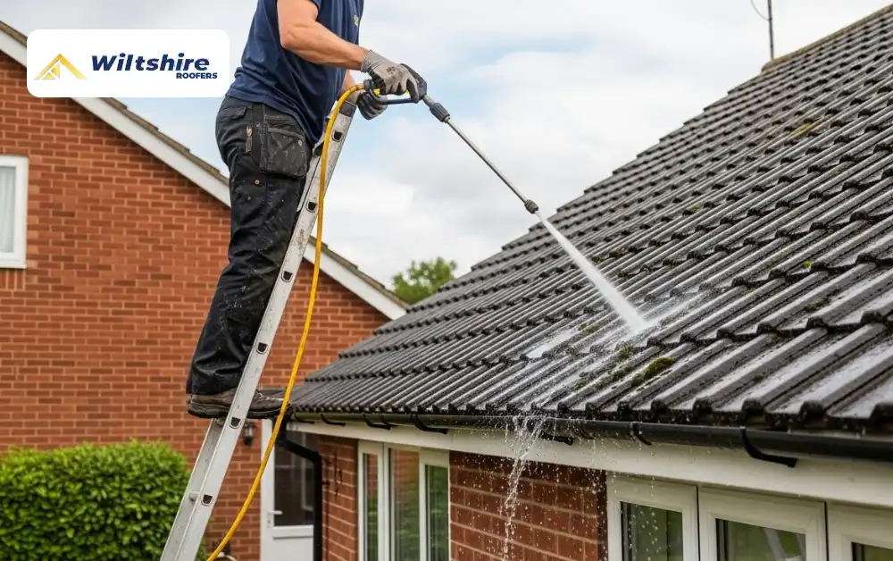 Gently rinsing roof after cleaning moss off roof