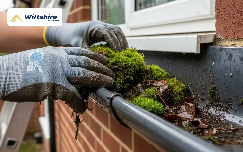 Clearing gutters after moss removal from roof