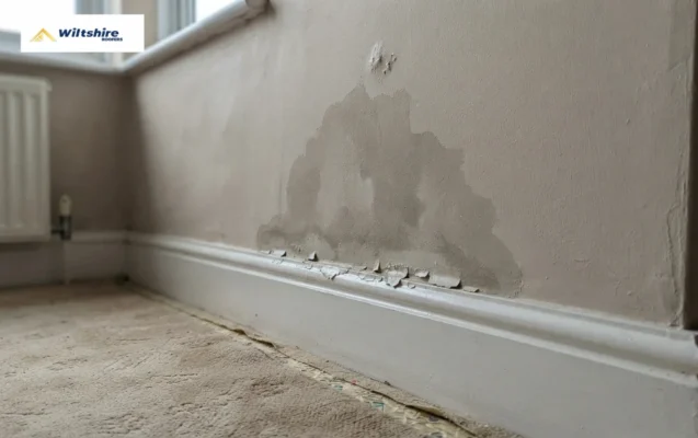 Damp patch and water staining on an interior wall in a UK home