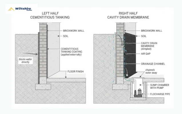 Diagram comparing cementitious tanking and cavity drain membrane waterproofing methods