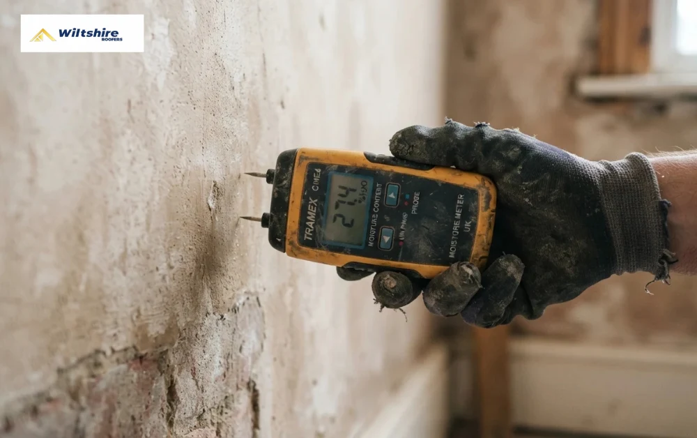 Tradesperson using a moisture meter to diagnose damp on a wall